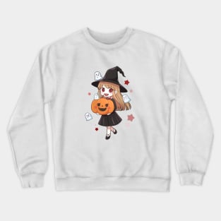 Cute Halloween Anime Witch, Ghost & Pumpkin Crewneck Sweatshirt